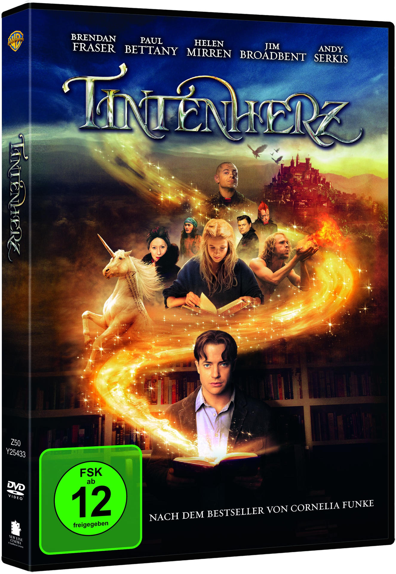 Ein Filmcover von 'Tintenherz' mit Schauspielern, einem Einhorn und einer Burg.