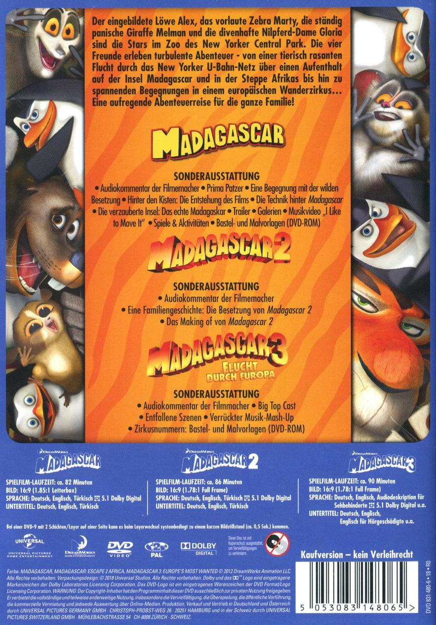 Madagascar 1,2,3 DVD-Box-Set, Rückseite mit Text und Bildern.