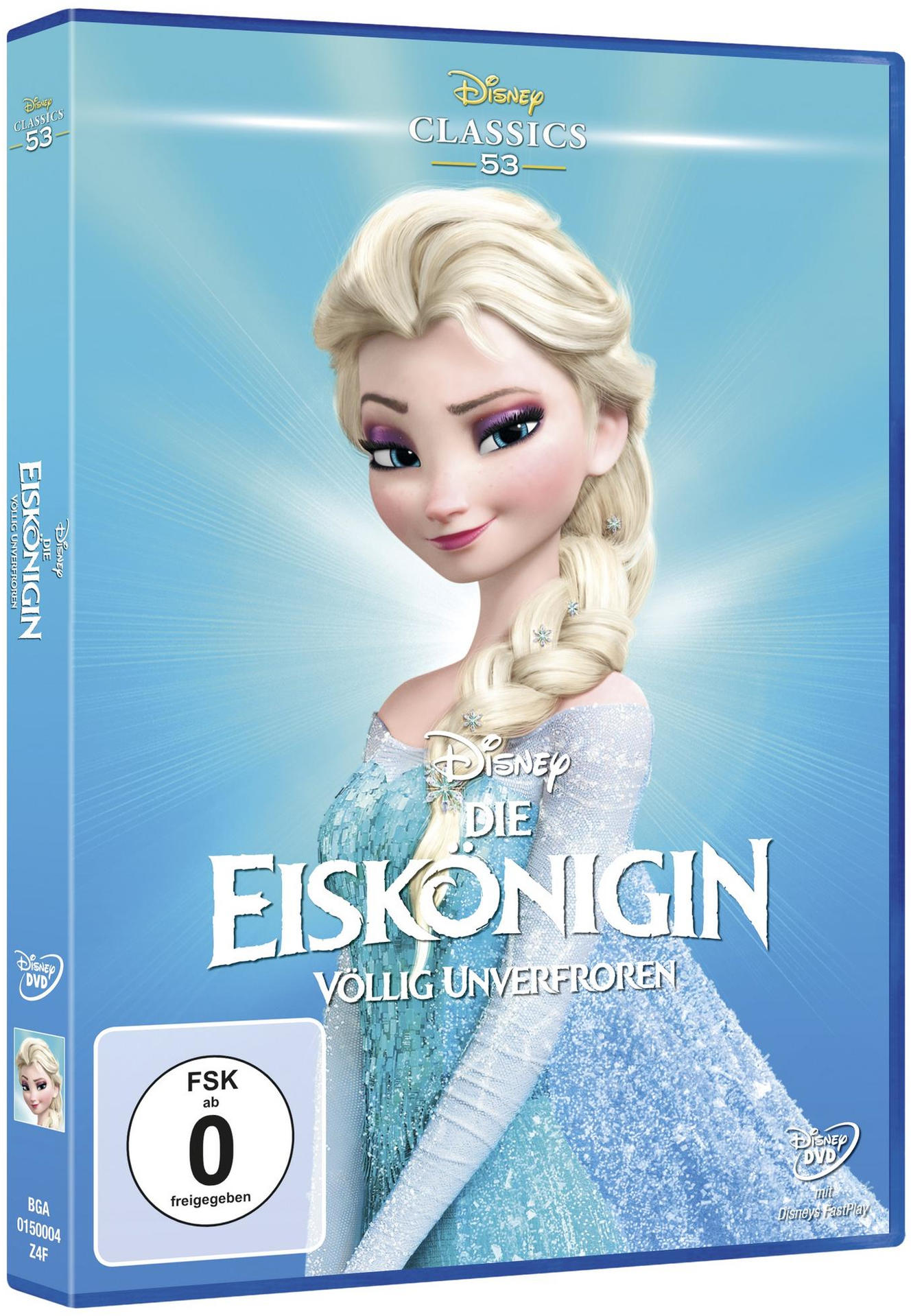 DVD-Hülle von Disneys Frozen auf Deutsch. Elsa ist auf dem Cover, mit blauen und weißen Farben.