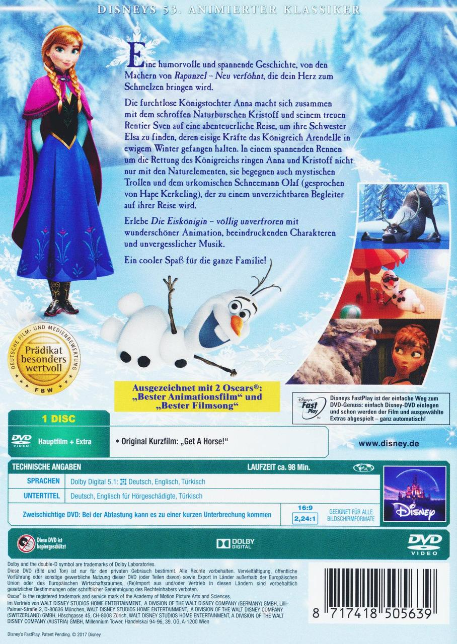Filmcover mit Anna aus Frozen. Sie steht auf der Rückseite mit Text über den Film.