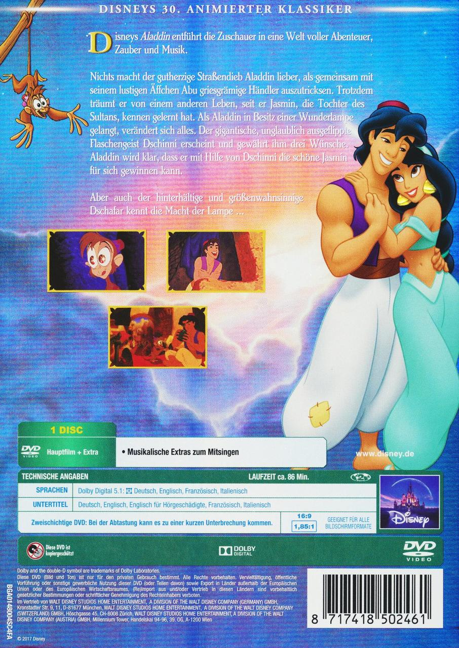 DVD-Cover von Disneys Aladdin, zeigt Aladdin und Jasmin, mit anderen Charakteren und Text.