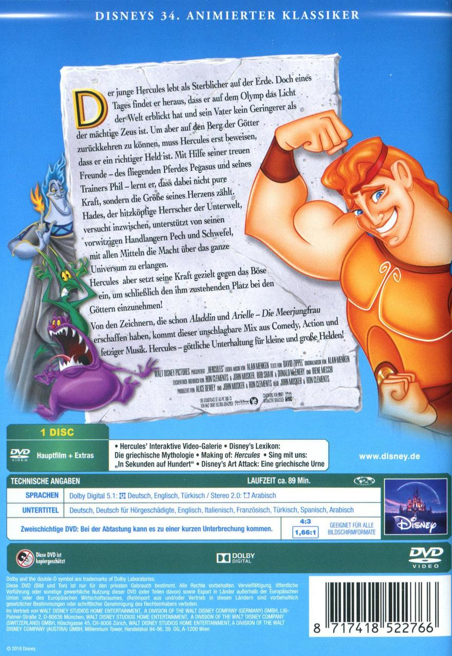 DVD-Cover von Hercules. Hercules in Orange, Hades und andere Charaktere werden gezeigt.