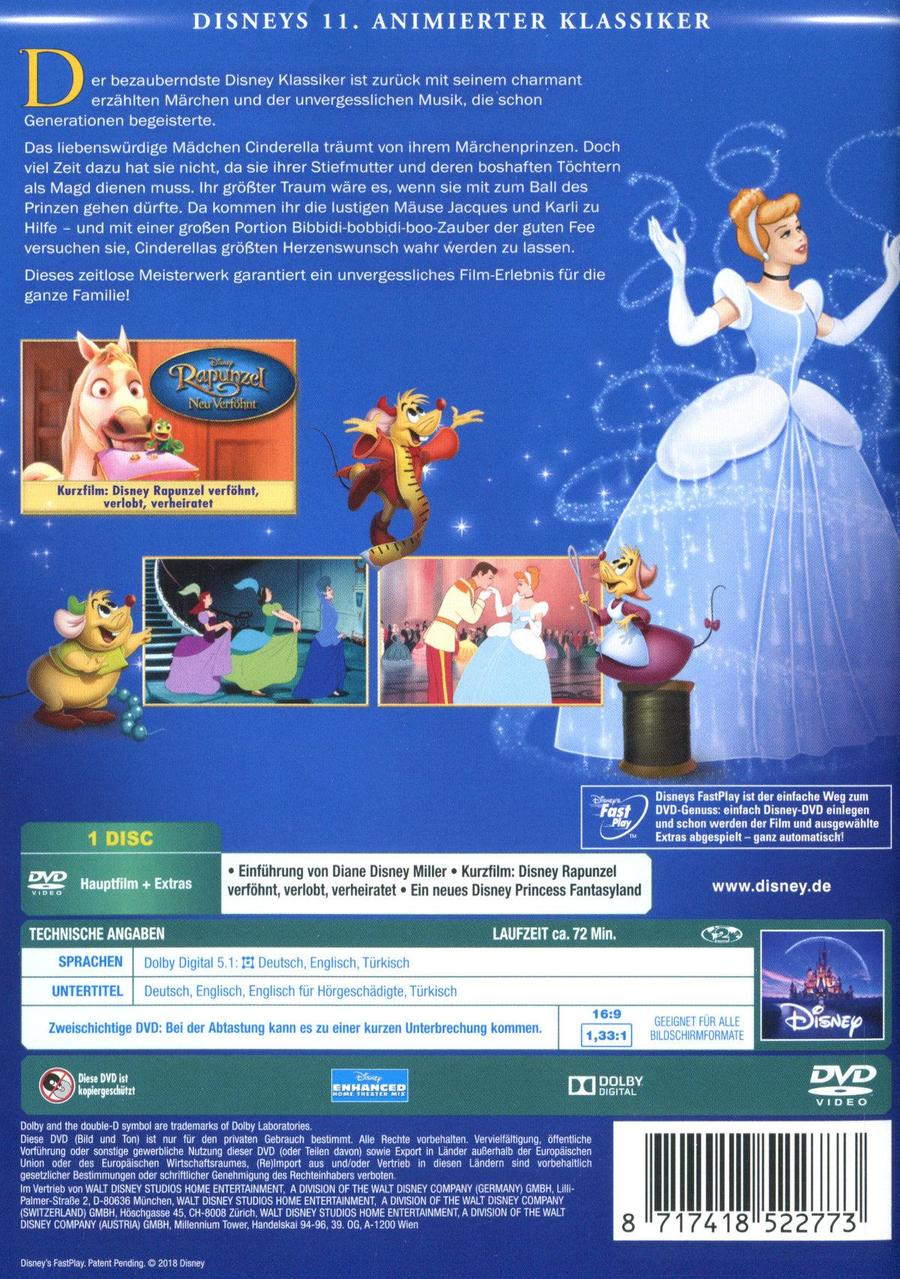 DVD-Hülle mit Disneys Cinderella, Rückseite mit Details, einschließlich Figuren und Text.
