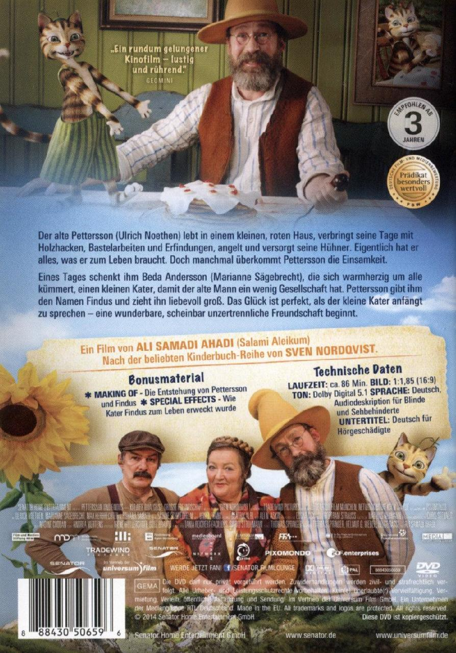 DVD-Hülle eines Films, mit einem Mann mit Hut und einer Katze. Text auf Deutsch. Eine Sonnenblume und DVD.
