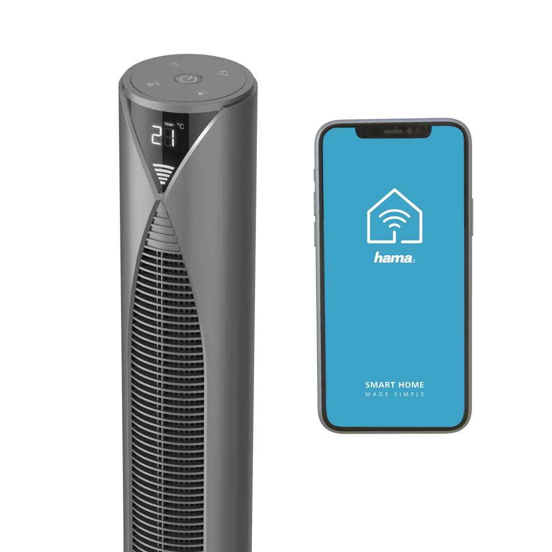Ein hoher, silberner Smart Home-Ventilator neben einem Smartphone, das die 'hama' Smart Home App zeigt.
