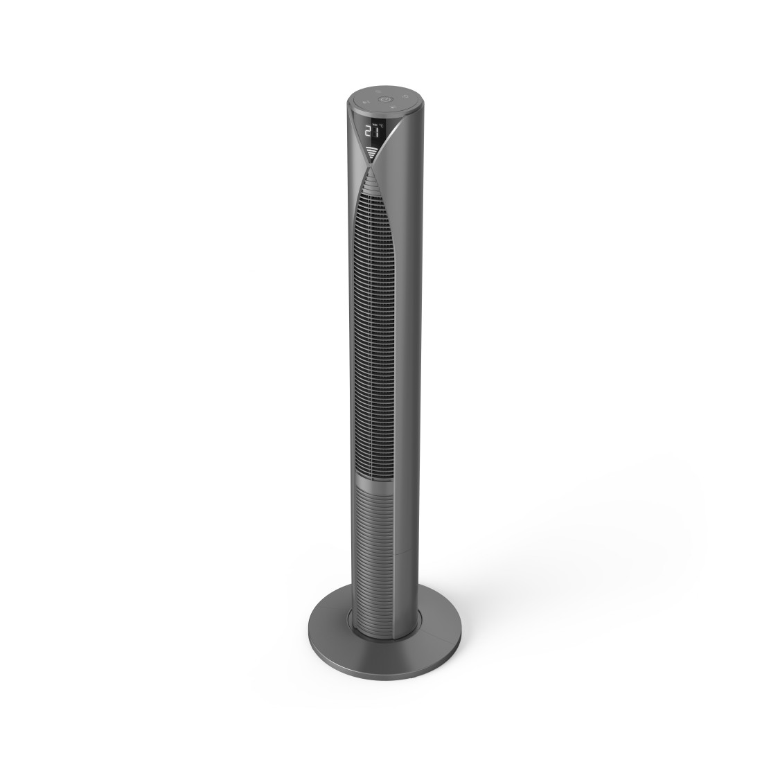 Ein silberner Standventilator auf weißem Hintergrund. Der Ventilator hat eine Digitalanzeige und einen runden Sockel.