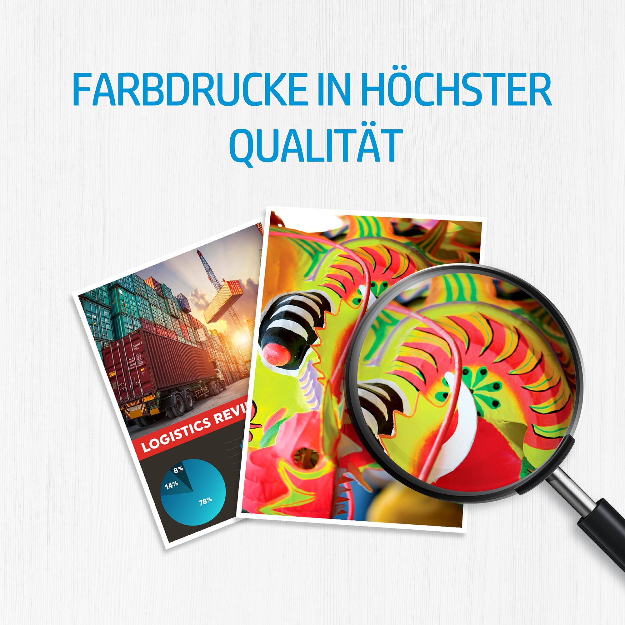 Zwei farbenfrohe Drucke unter dem Text 'FARBDRUCKE IN HÖCHSTER QUALITÄT', betrachtet durch eine Lupe.