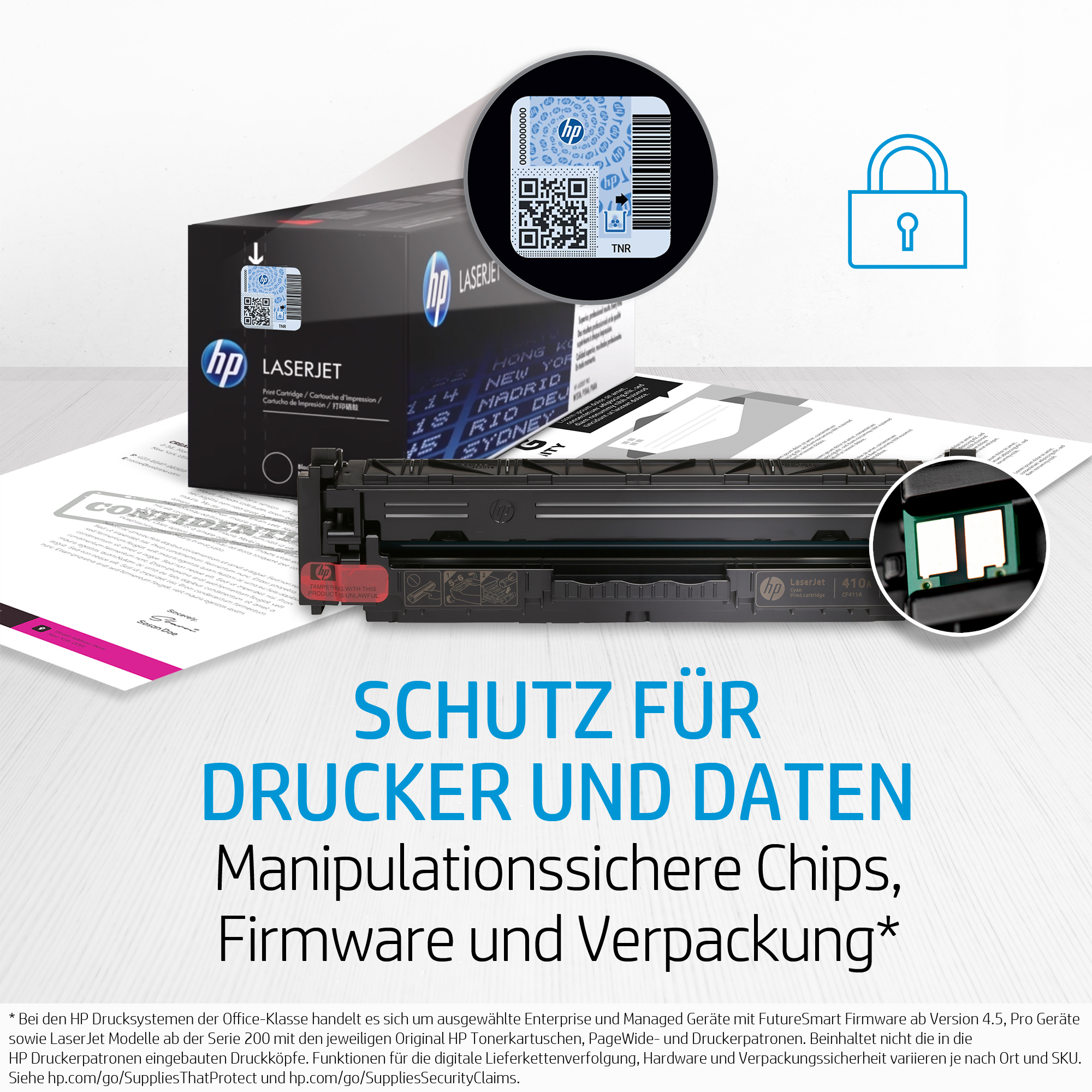 HP-Druckerpatrone, Verpackung mit Sicherheitsmerkmalen und ein Schloss-Symbol.