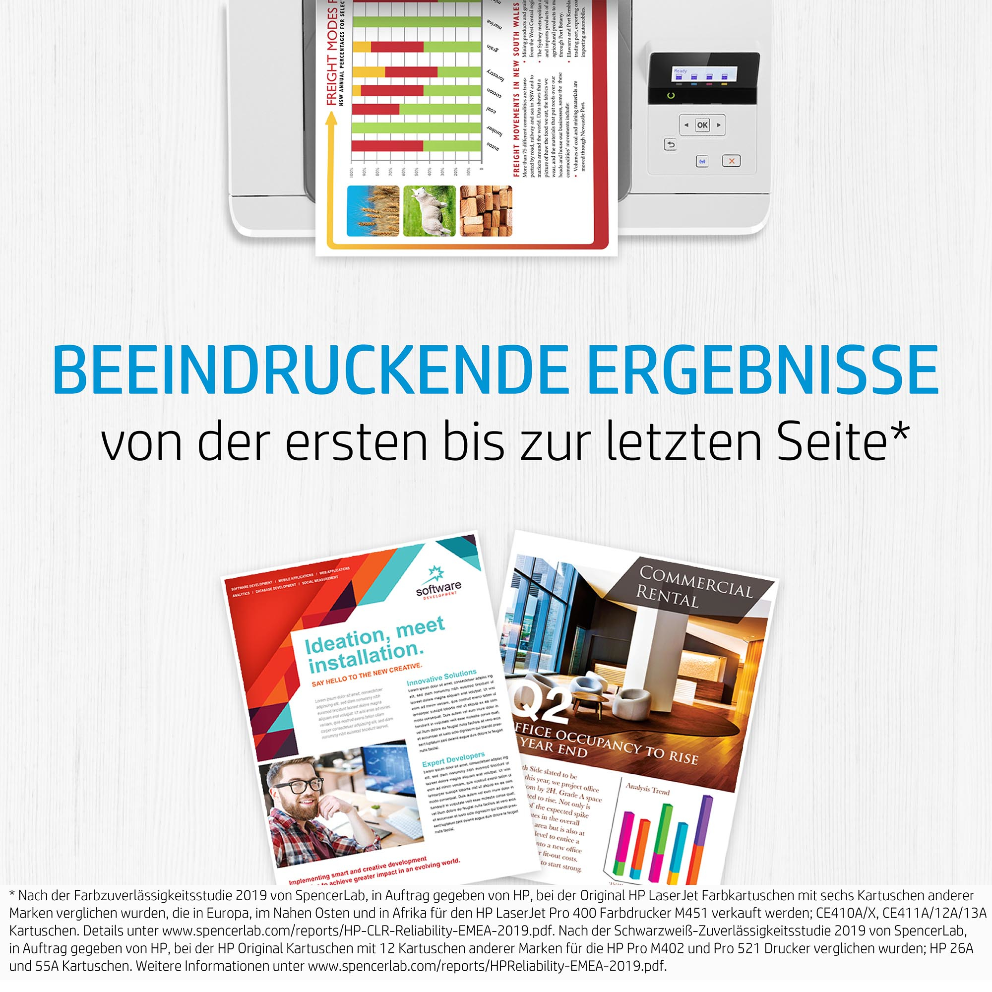 Drucker, der zwei Dokumente mit Grafiken und Text druckt.