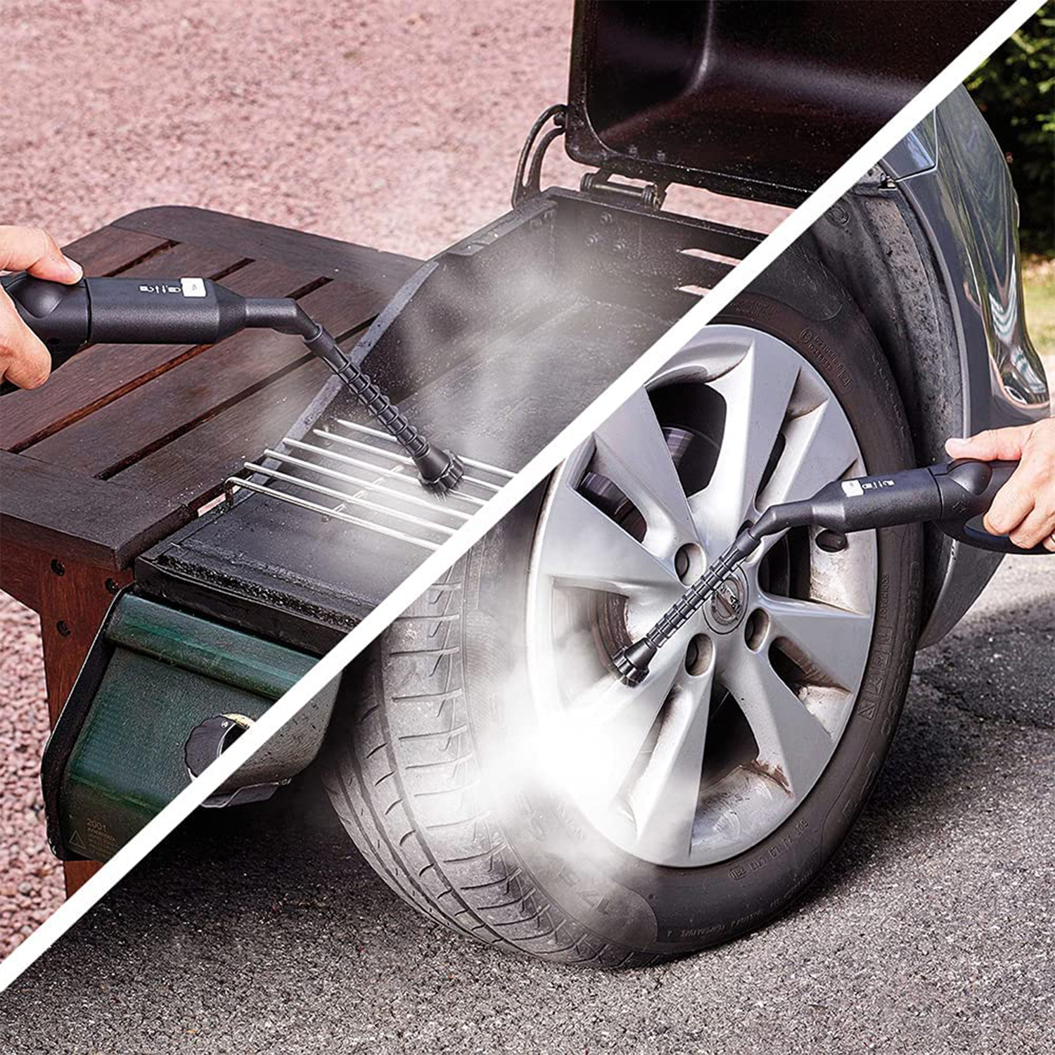 Pulizia a vapore di una griglia e di un pneumatico per auto. Due mani che tengono pulitori a vapore. Uno sulla griglia, uno sul pneumatico.