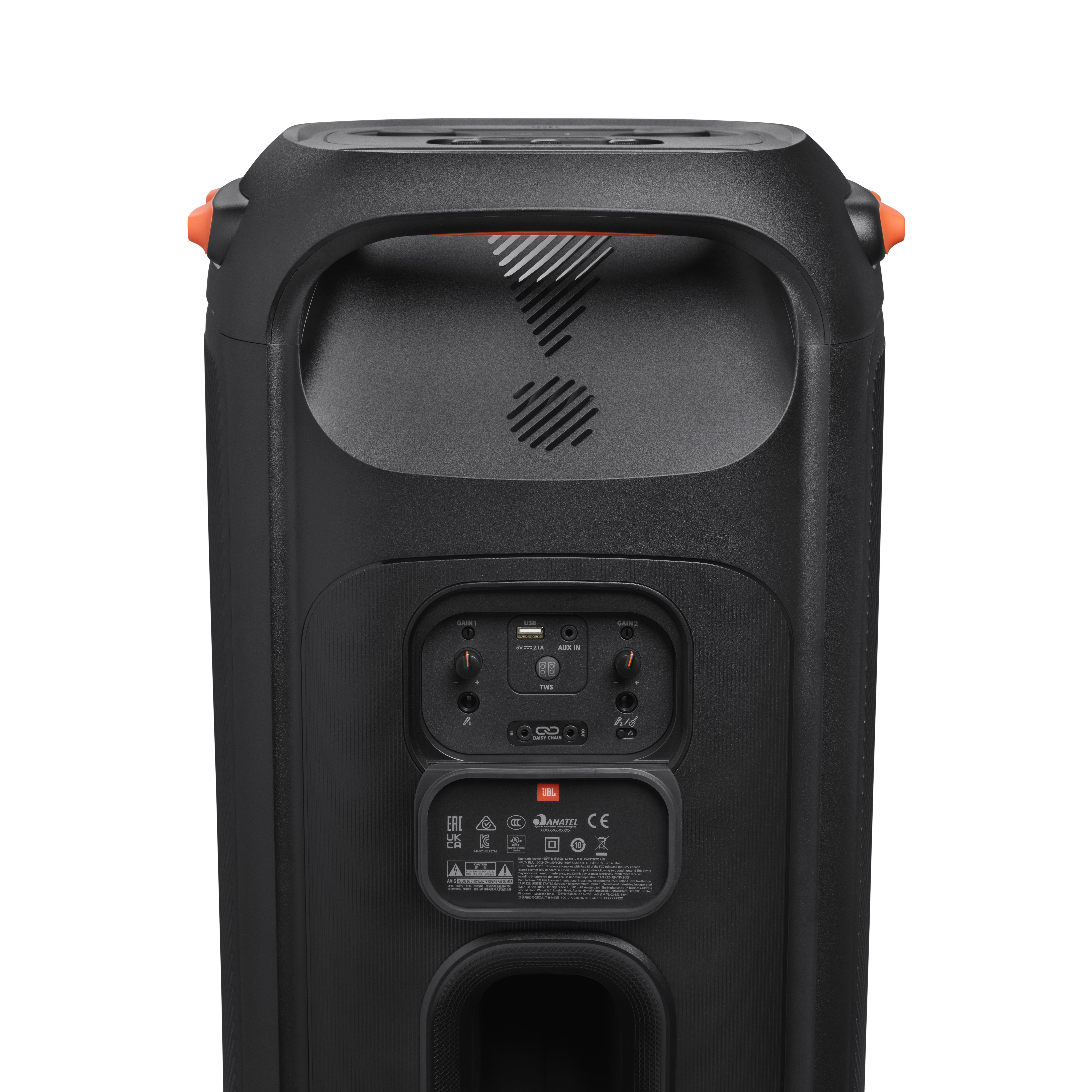 Schwarzer Lautsprecher mit orangefarbenem Griff, Anschlüssen und JBL-Logo, weißer Hintergrund.