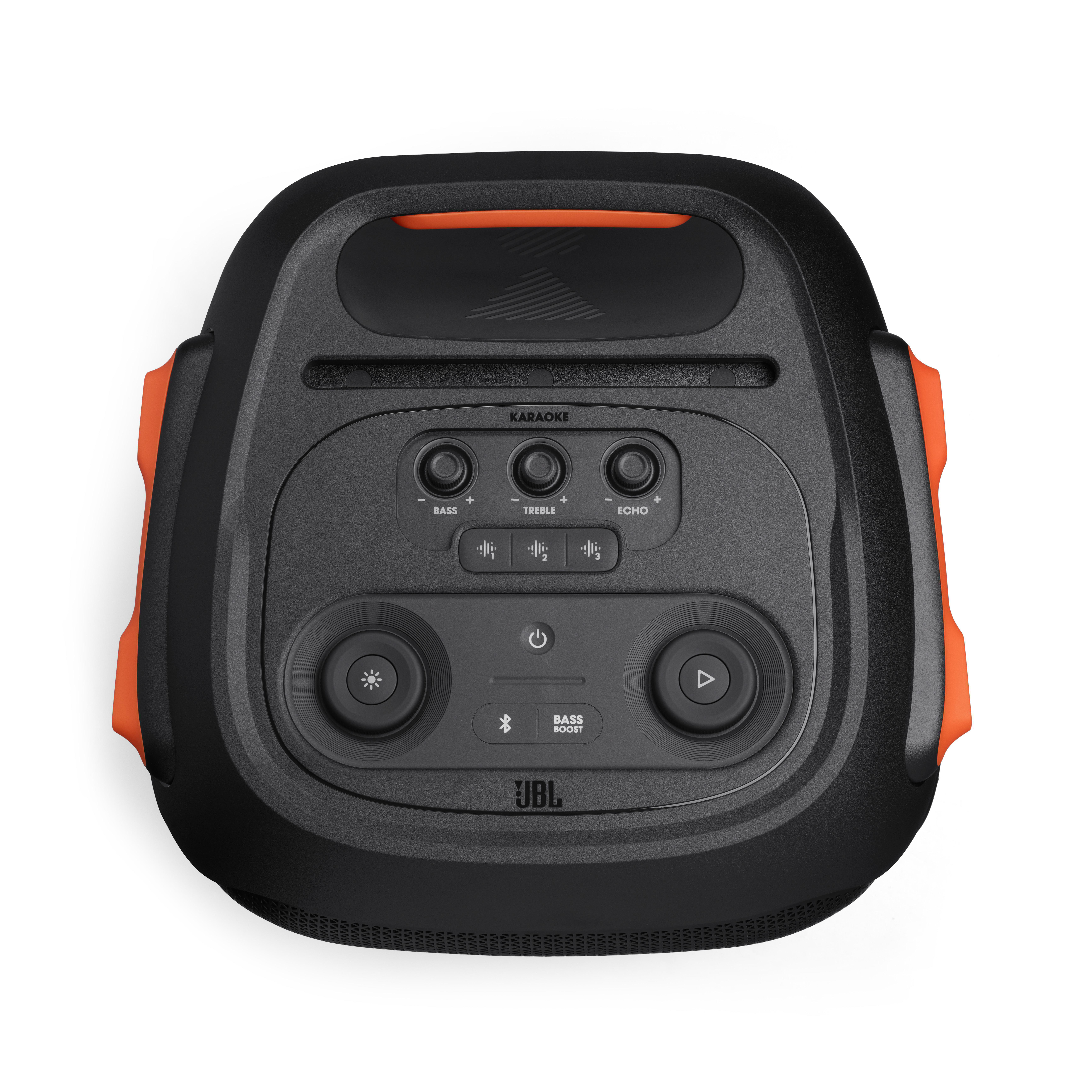 Schwarzer und oranger JBL-Party-Lautsprecher. Bedienelemente für Bass, Höhen, Echo und Lautstärke.