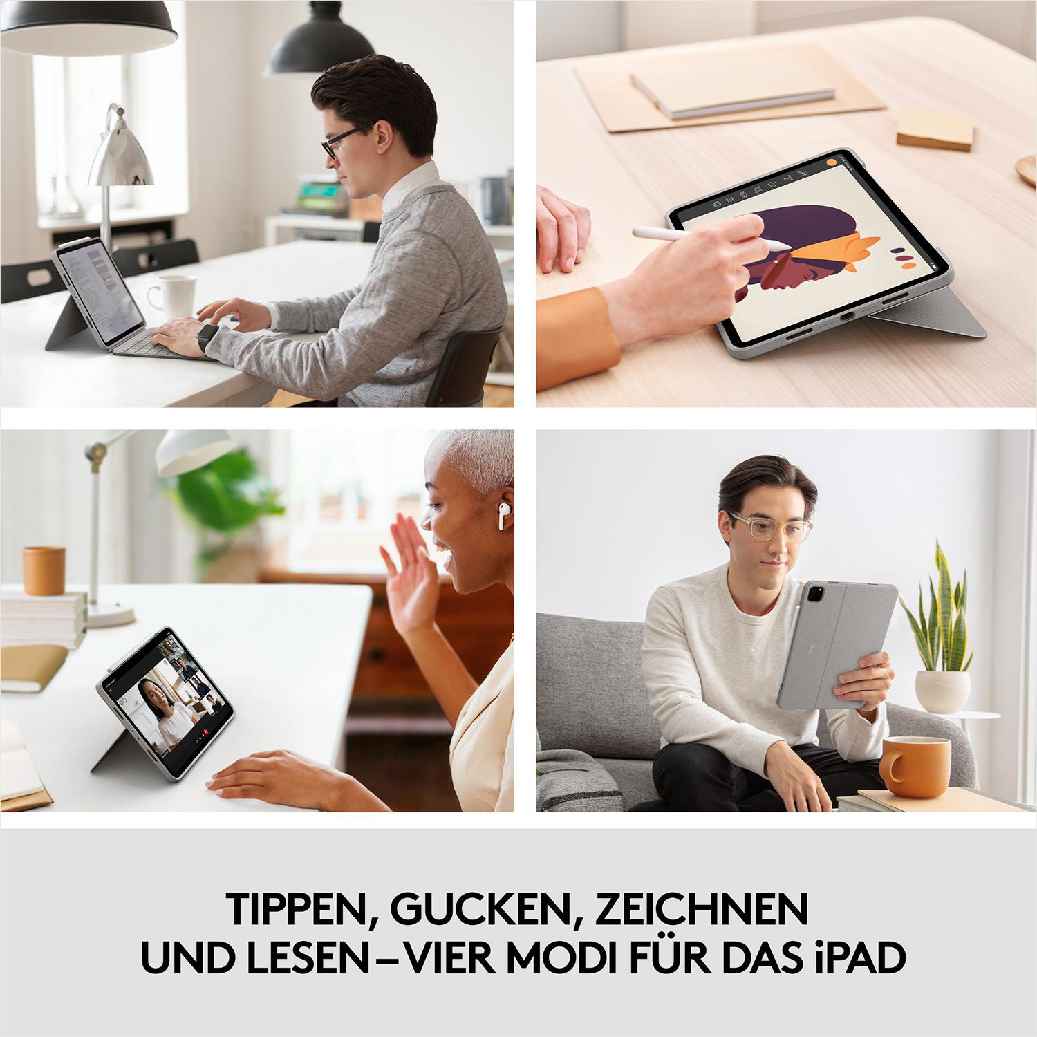 Vier Bilder, die zeigen, wie Personen in verschiedenen Szenarien ein Tablet verwenden: Tippen, Zeichnen, Videoanruf und Lesen.