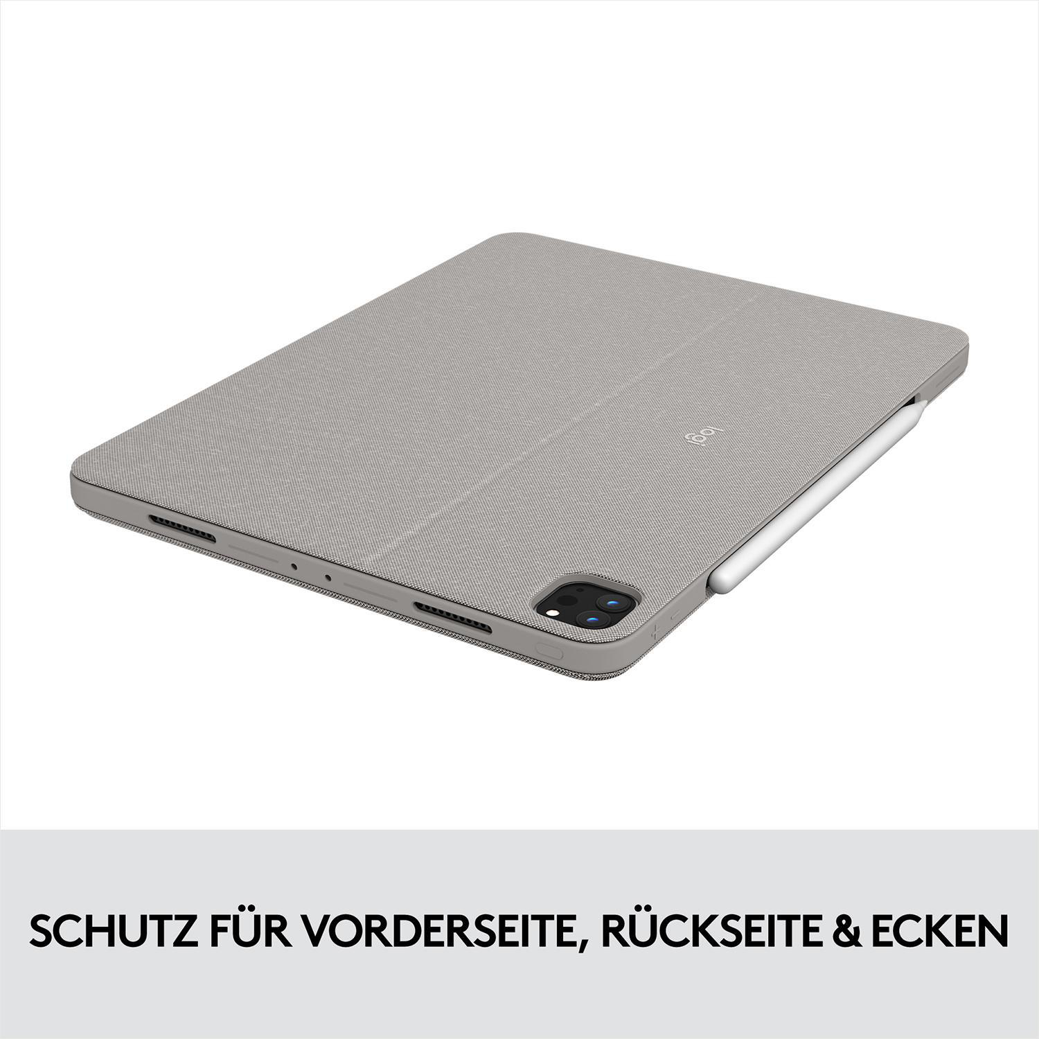 Graues Tablet mit Stift, geschlossenes Gehäuse. Text: Schutz für Vorder-, Rückseite & Ecken.
