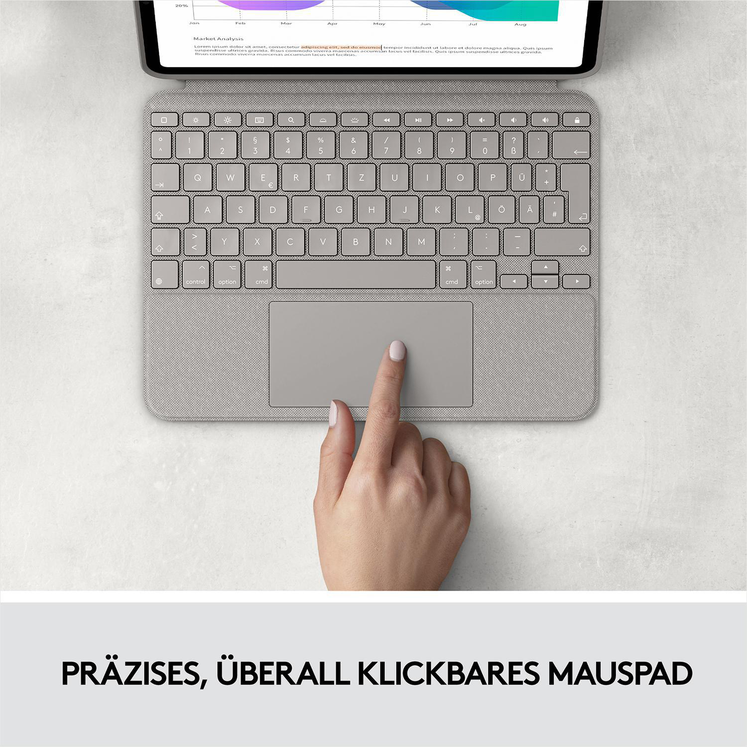 Tablet-Tastatur. Hand auf dem Touchpad. Text: 'Präzises, überall klickbares Touchpad'.