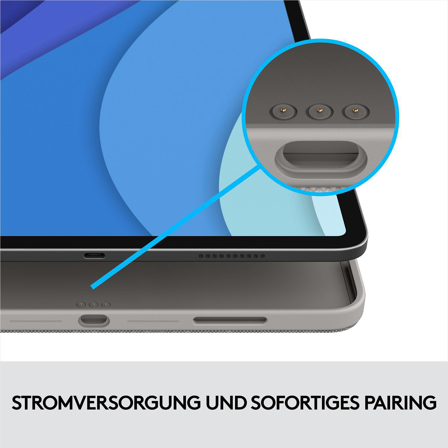 Tablet mit Nahaufnahme des Ladeanschlusses und einer blauen Linie, die darauf zeigt, mit dem Text „Stromversorgung“.