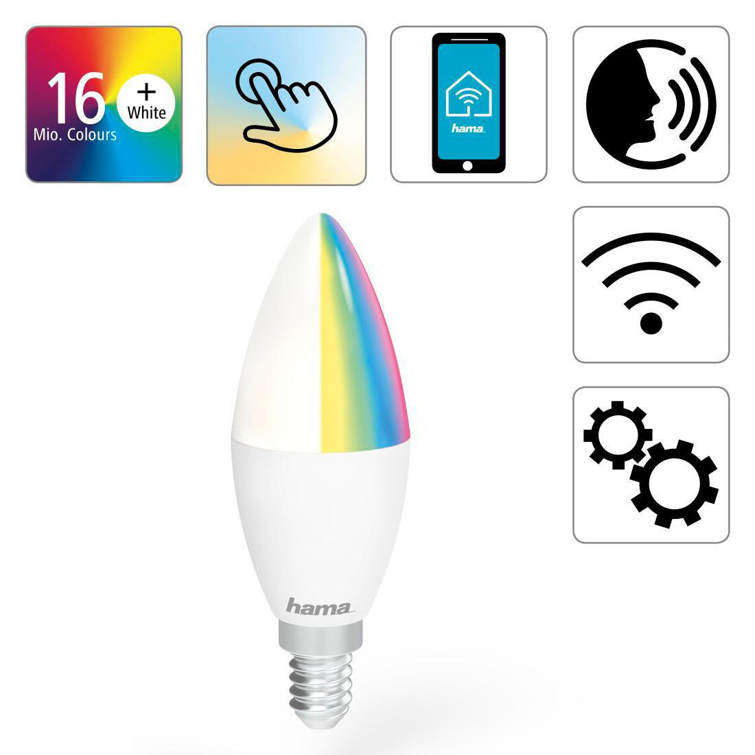 Weiße intelligente LED-Glühbirne mit Farbspektrum auf der Glühbirne und Symbolen darum herum.