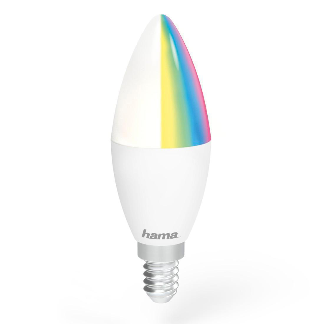 Eine weiße Glühbirne mit einem bunten Regenbogenverlauf auf der Vorderseite und dem Markennamen 'hama'.