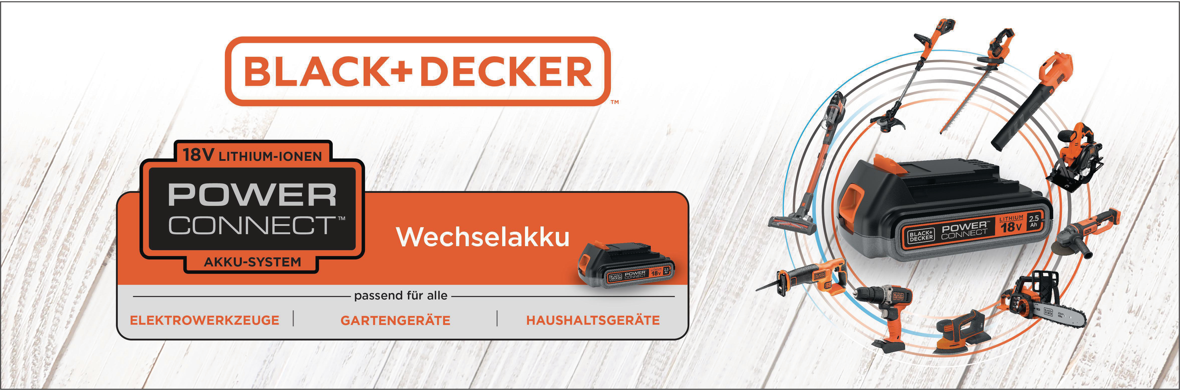 Ein Black+Decker Banner mit verschiedenen Elektrowerkzeugen und einem Akku-Pack mit dem Power Connect System.