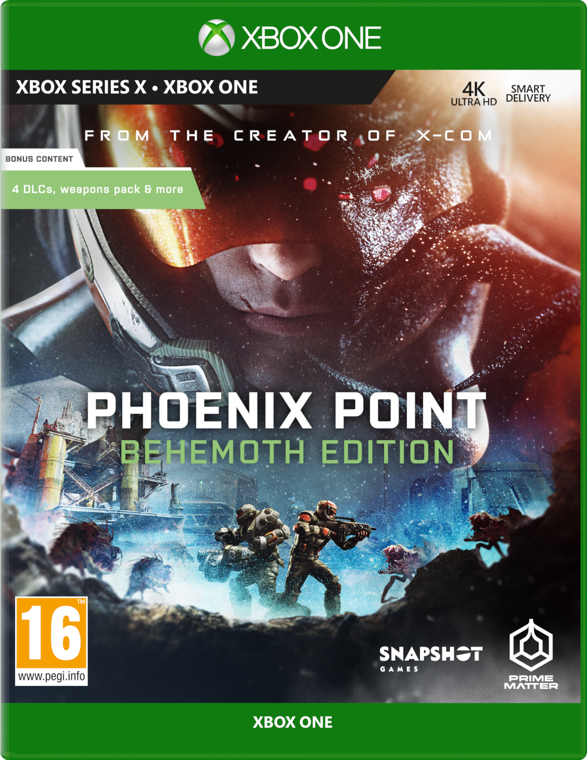 Gamebox: 'Phoenix Point' met soldaten, monsters en titel. Xbox One logo.