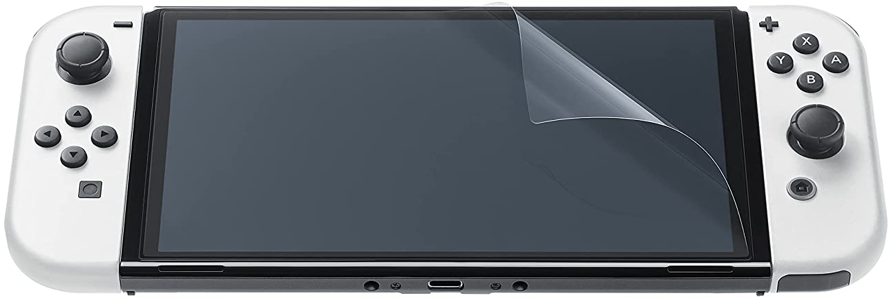 Una Nintendo Switch bianca con la protezione schermo parzialmente staccata.
