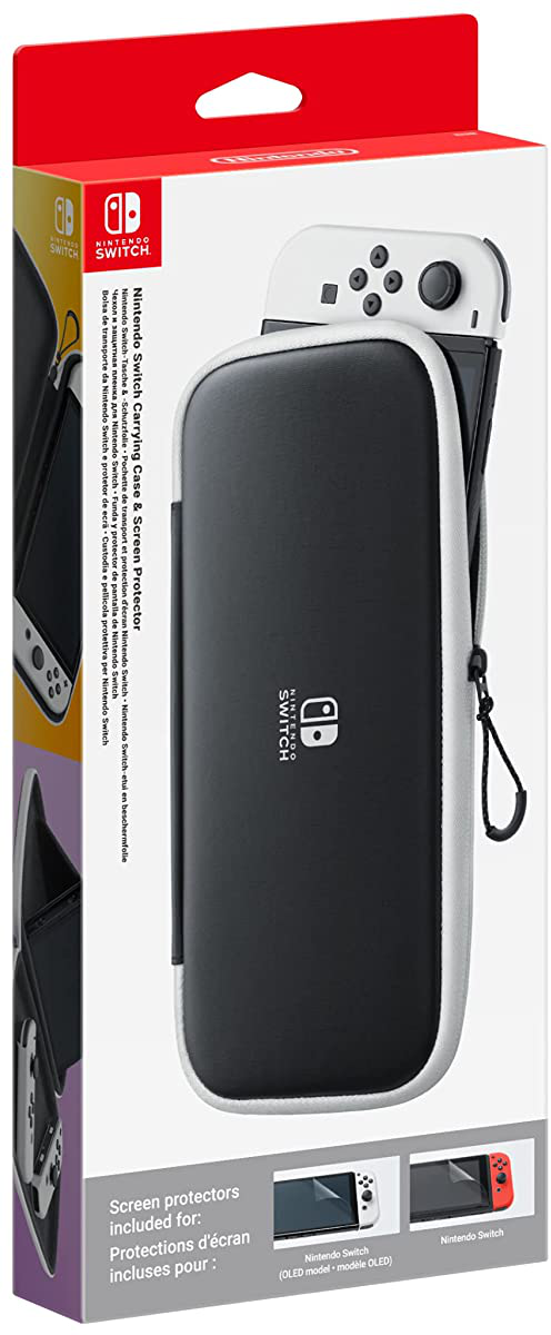 Custodia per il trasporto Nintendo Switch in una scatola, con la console e i Joy-Con visibili.