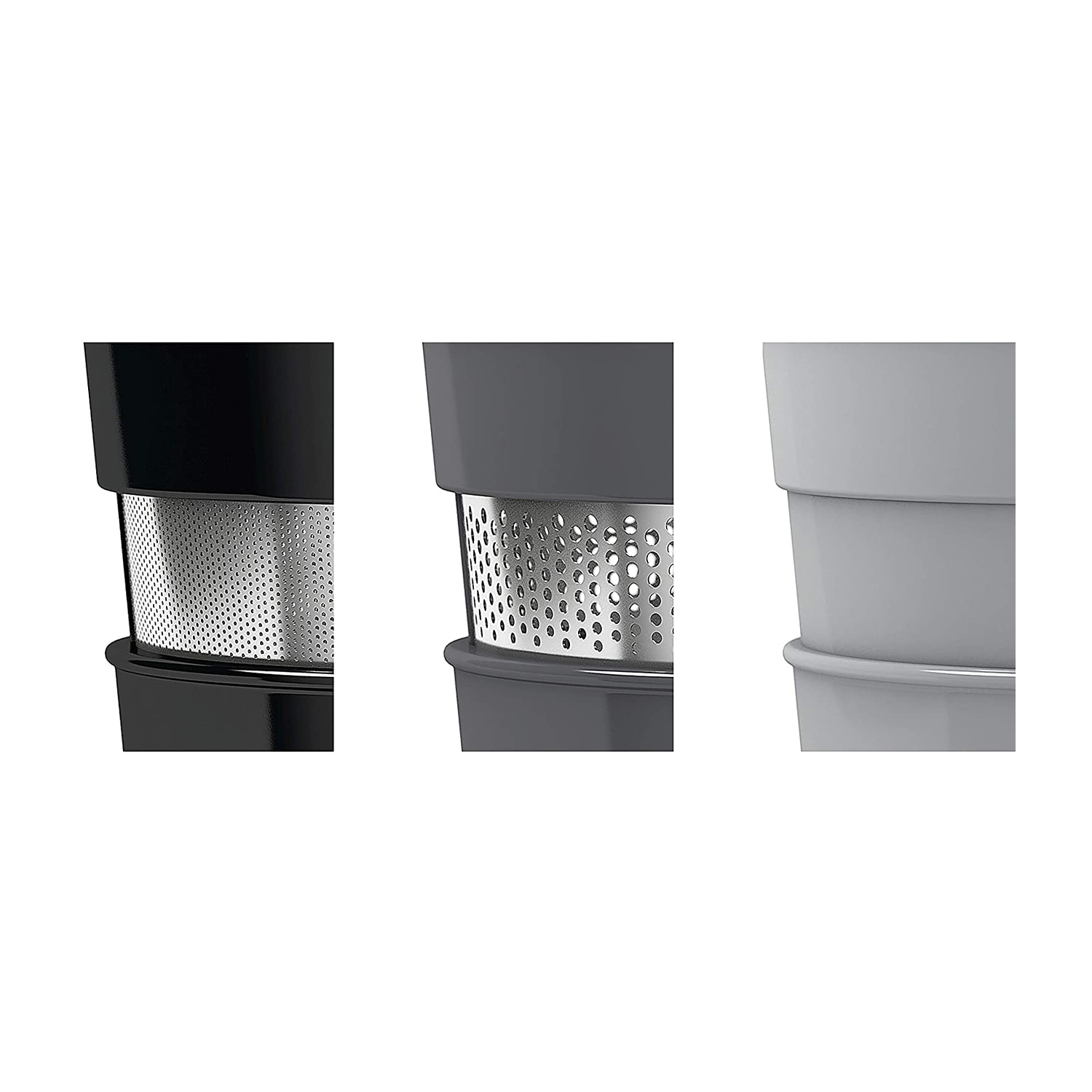 Tre cilindri con metallo perforato. Nero, grigio e grigio chiaro.