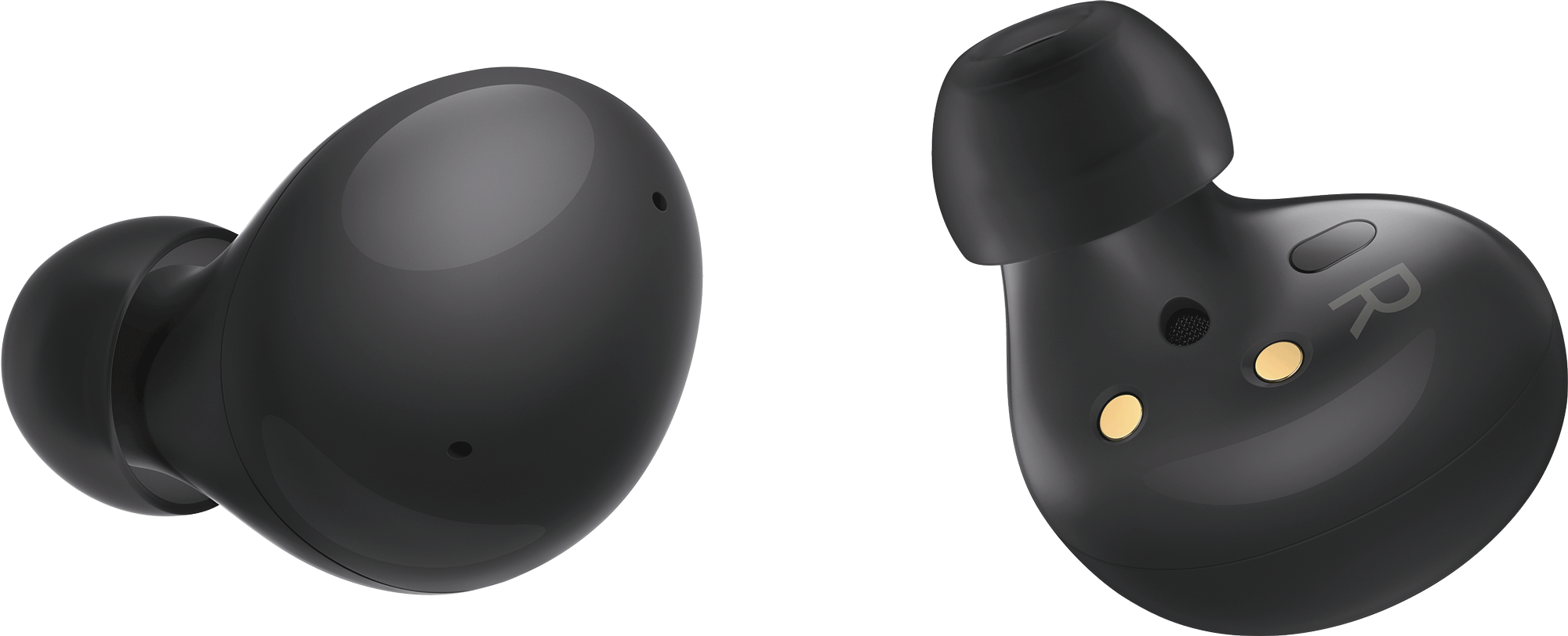Twee zwarte draadloze oordopjes, close-up, met de rechter met 'R' gelabeld.