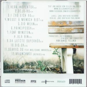 Rückseite einer CD-Hülle mit Songtiteln und einem Bild von Bank und Gras.