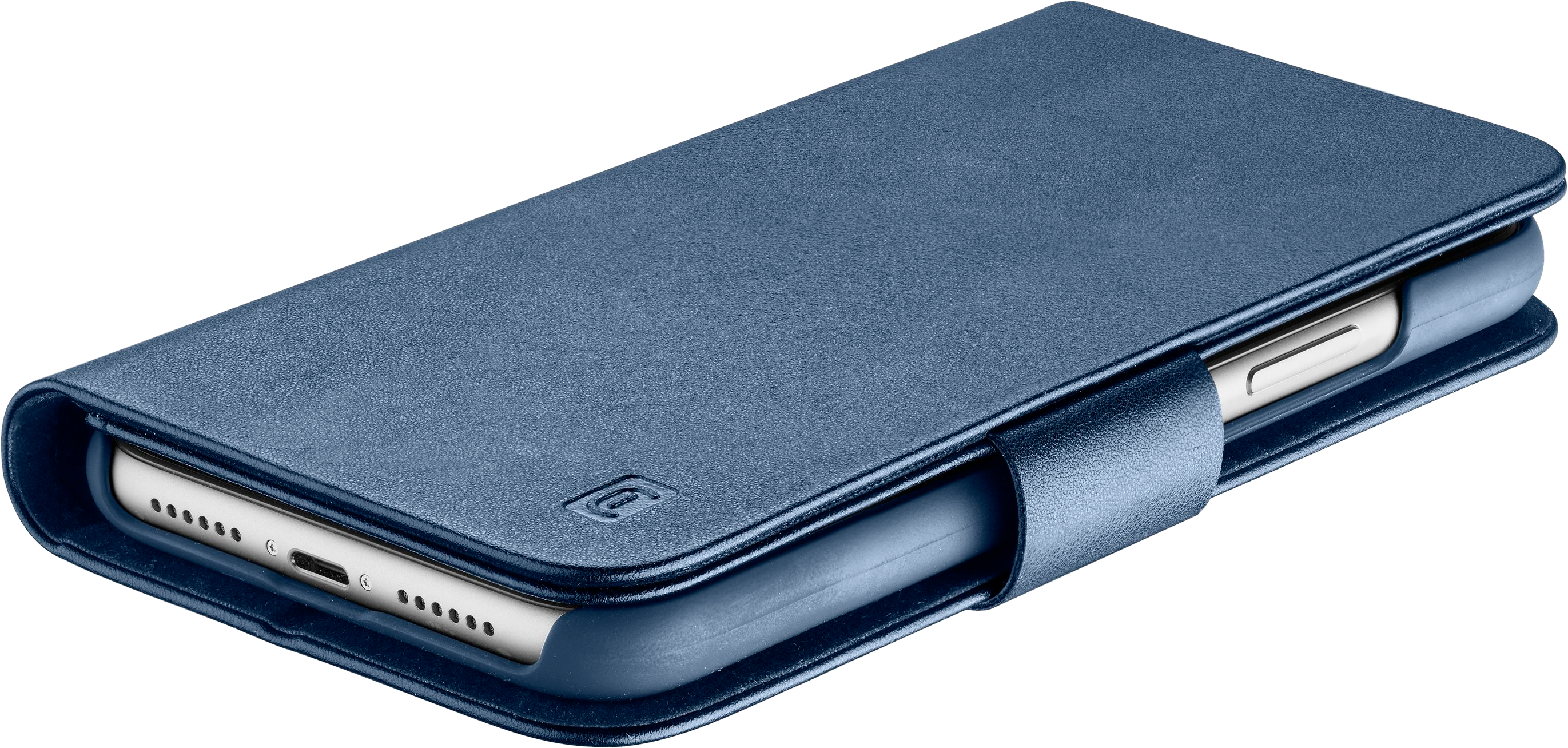 Eine blaue Leder-Handyhülle. Das Telefon im Inneren ist sichtbar. Es hat einen Magnetverschluss.