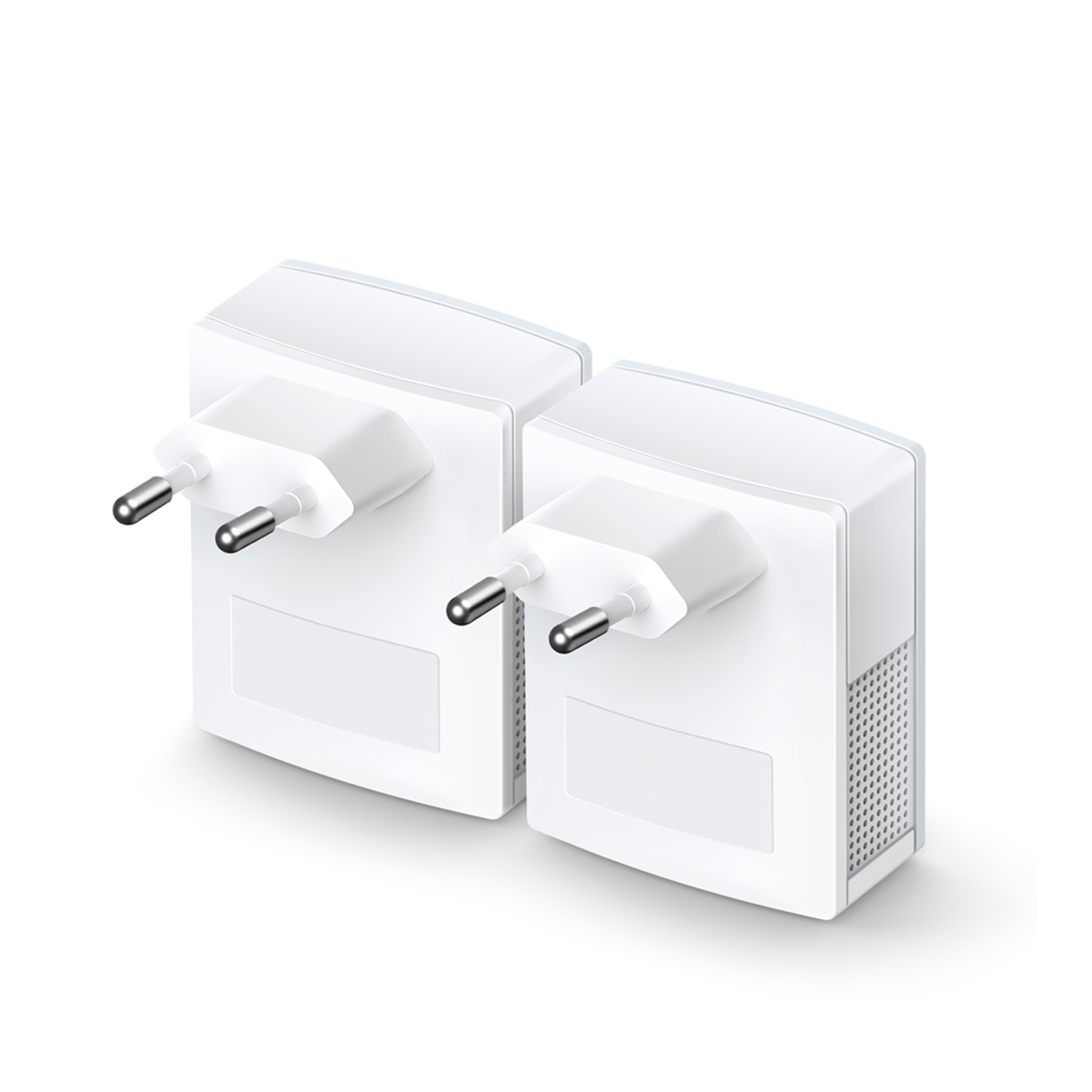 Dos adaptadores de corriente blancos con clavijas plateadas.