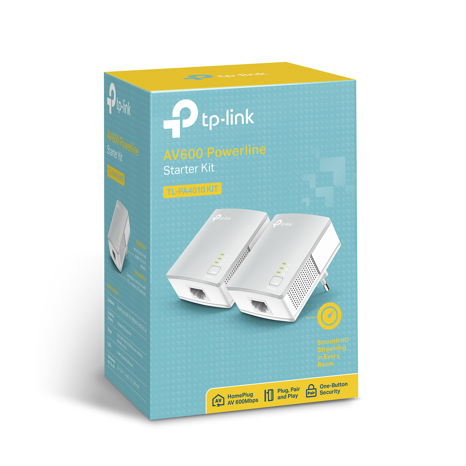 Caja del kit de inicio tp-link AV600 Powerline. Diseño blanco y azul. Blanco.