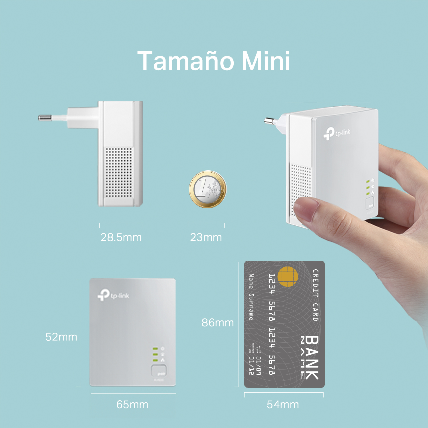 Dos adaptadores de línea eléctrica, una moneda y una tarjeta de crédito, que ilustran la comparación de tamaño.