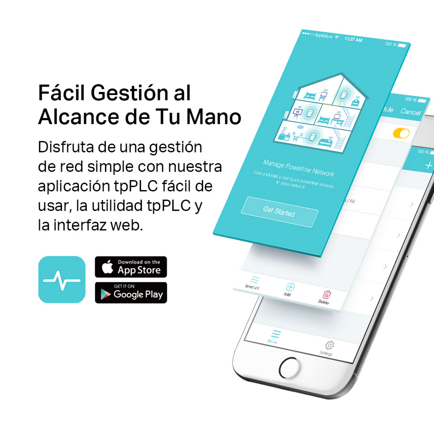 Dos teléfonos que muestran interfaces de aplicaciones. Las interfaces muestran un diseño de inicio y la configuración de red.