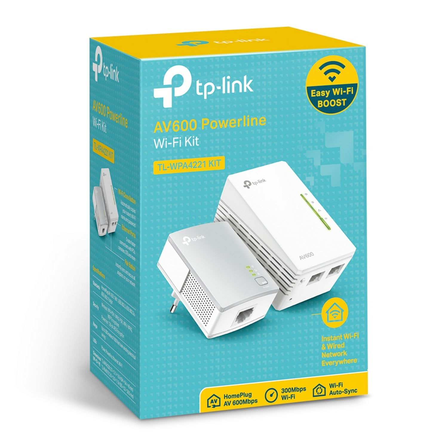 Una caja de kit Wi-Fi Powerline AV600 blanco y gris, con dos adaptadores.