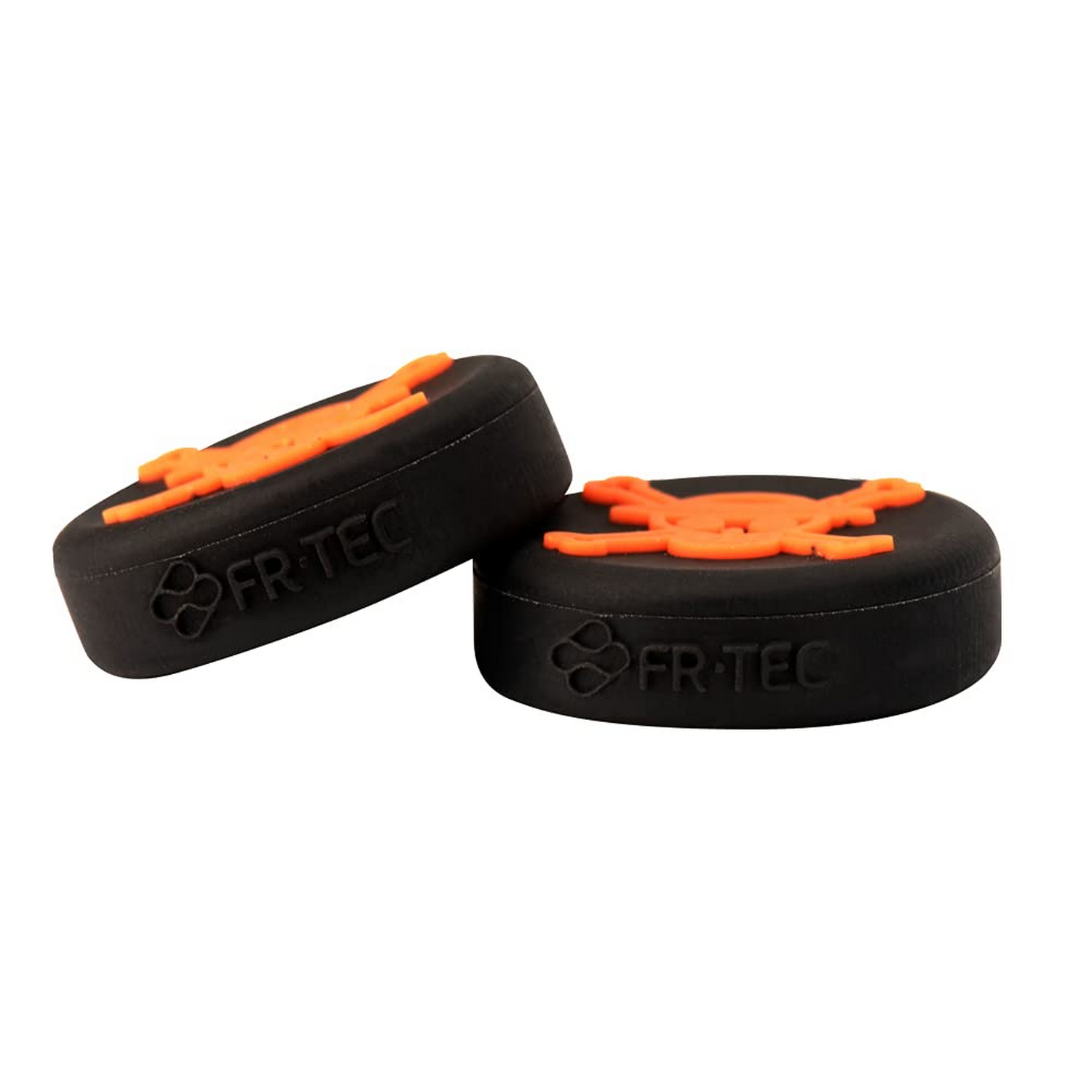Dos almohadillas circulares negras con detalles naranjas, etiquetadas 'FR-TEC'.