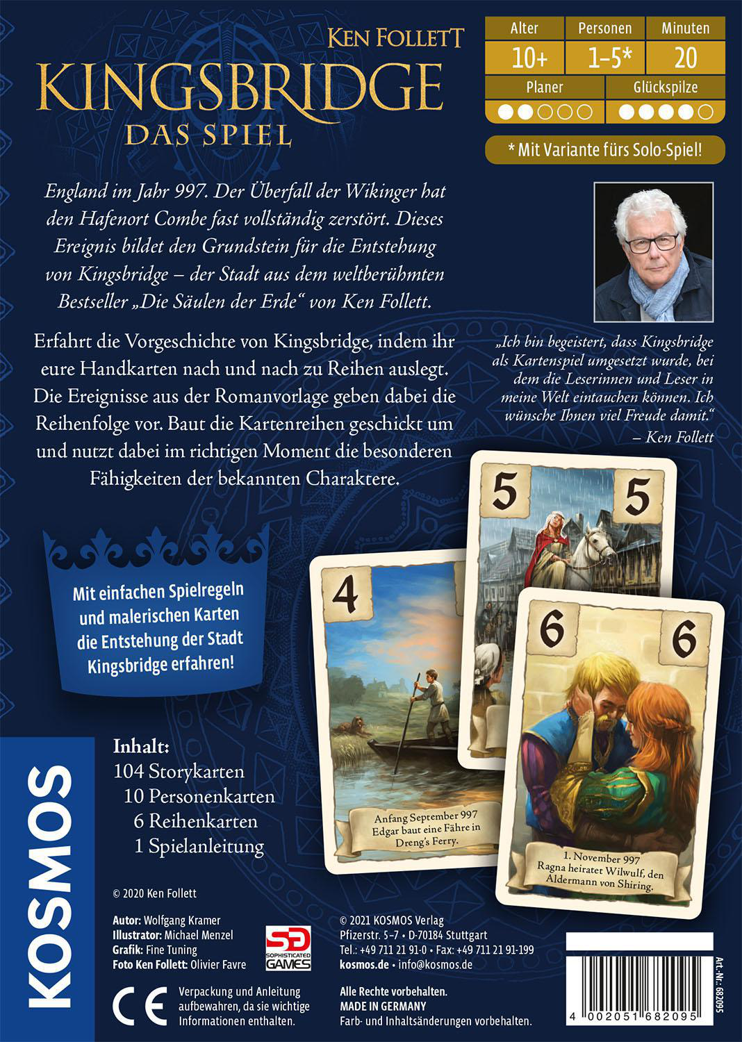Rückseite einer Brettspielbox, mit Text, Bildern und dem Gesicht eines Mannes.
