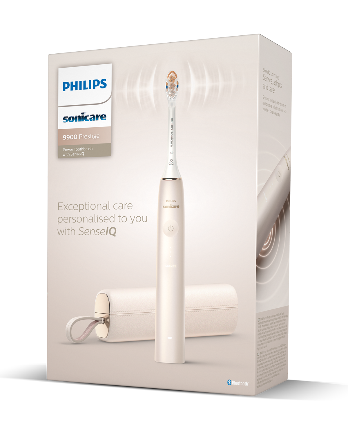 Philips Sonicare toothbrush box with a toothbrush and travel case. It says '9900 Prestige' with SenseIQ.