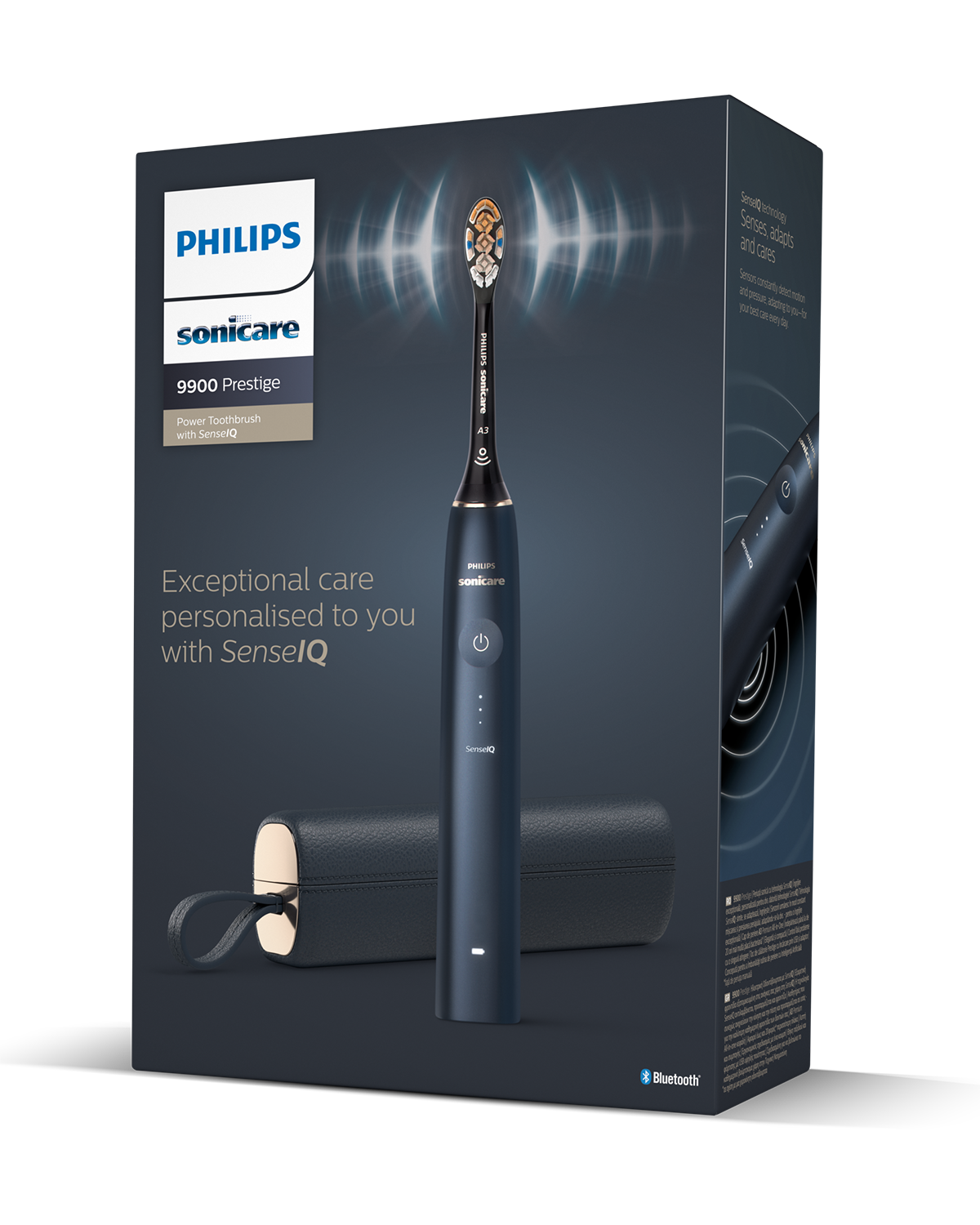Een Philips Sonicare tandenborstelbox. De achtergrond is donker.