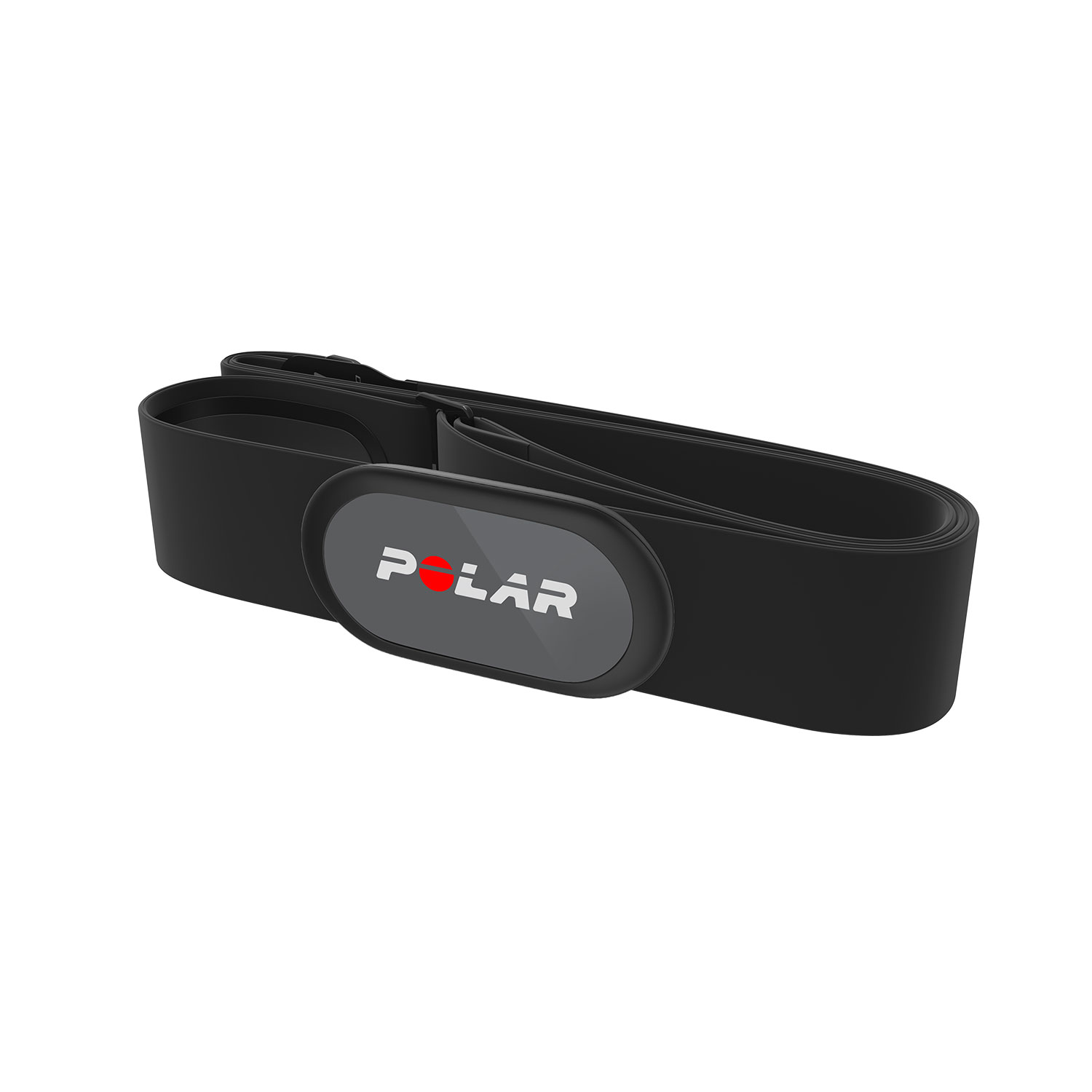Banda torácica negra para monitor de frecuencia cardíaca con el logo 'POLAR'. La banda está plana.