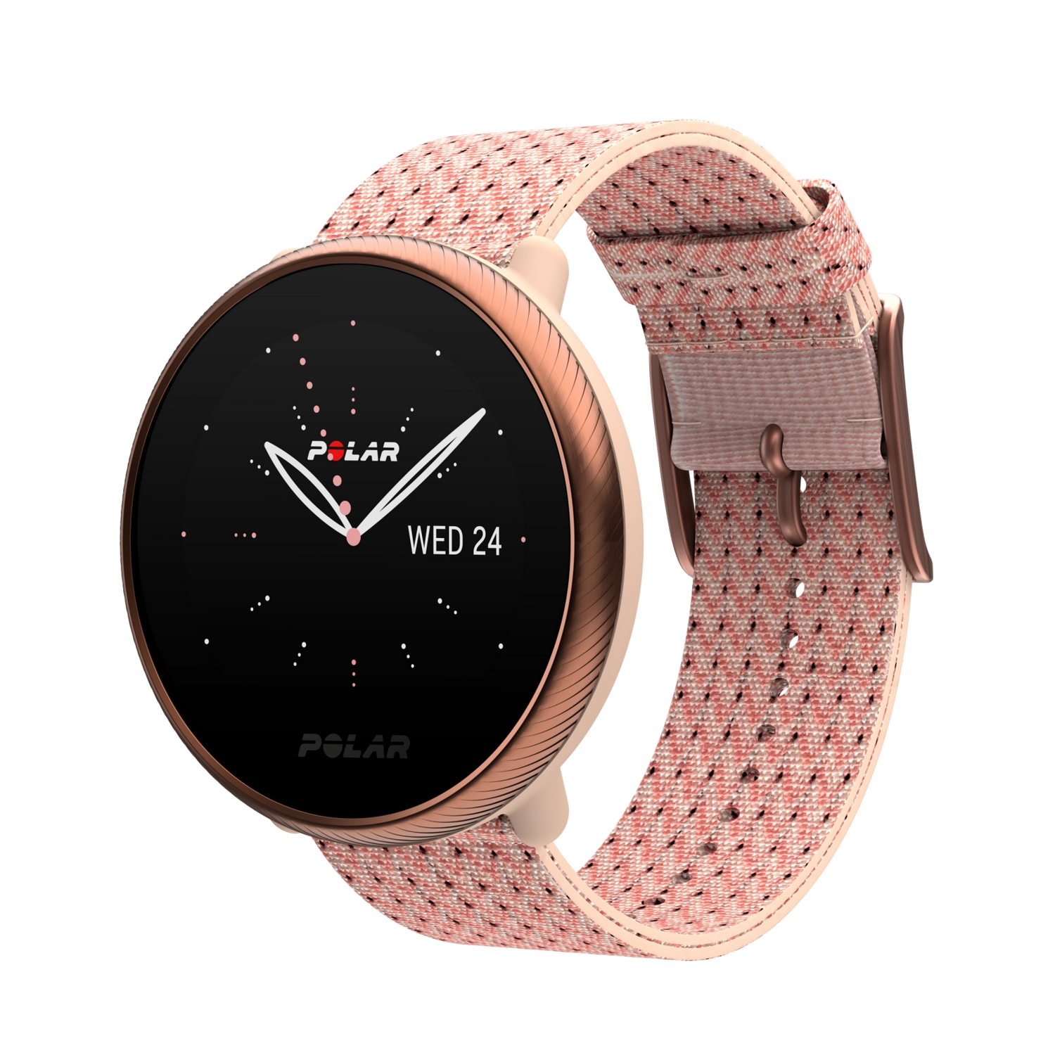 Un reloj inteligente Polar con una correa estampada rosa y una esfera negra que muestra la fecha.