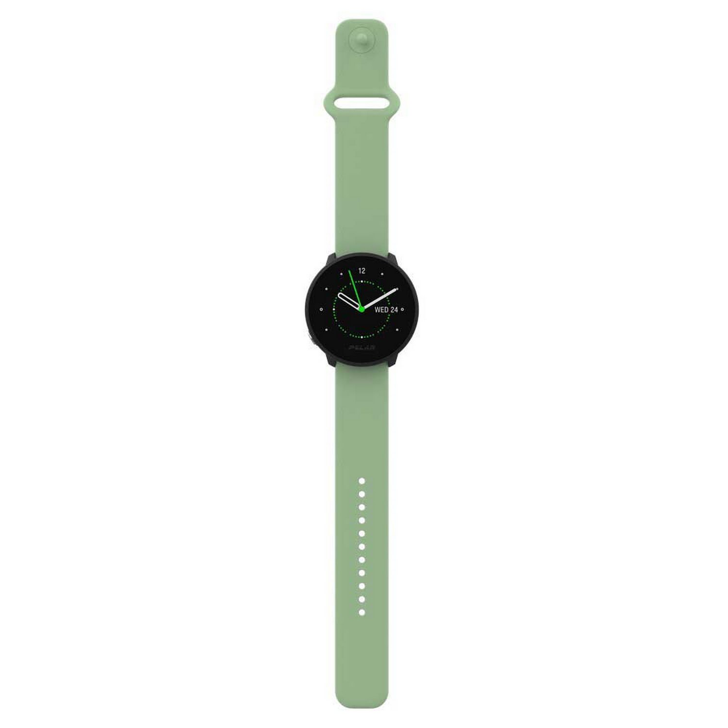 Un reloj inteligente verde con pantalla negra y correa verde, mostrando la fecha.