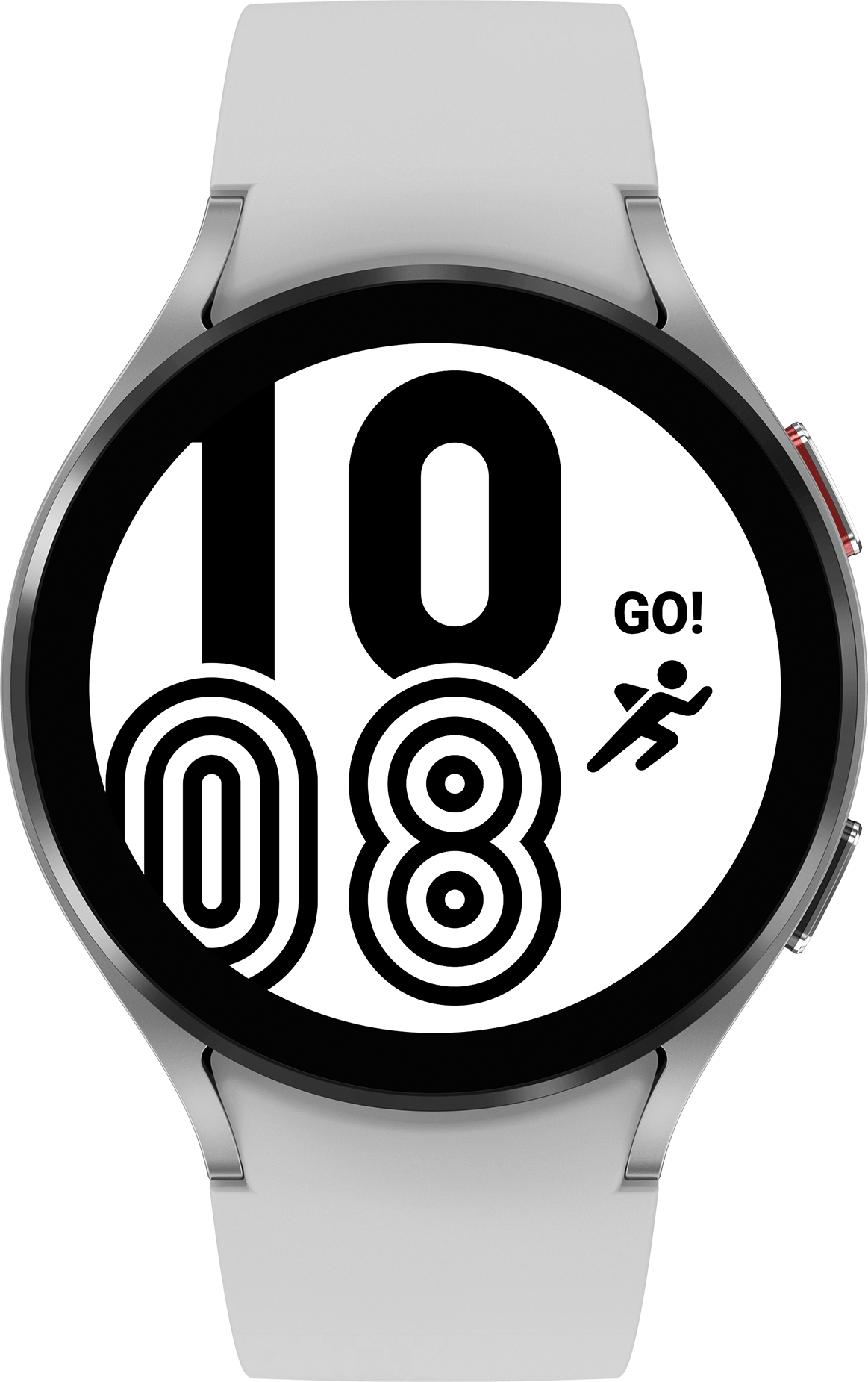 Een zilveren smartwatch met tijdweergave, zwart rond scherm en witte band.