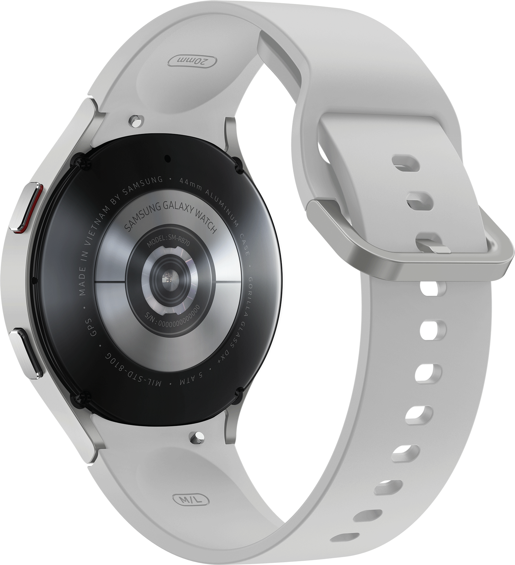 Achterkant smartwatch, sensoren en details, grijze band, op zwarte achtergrond.