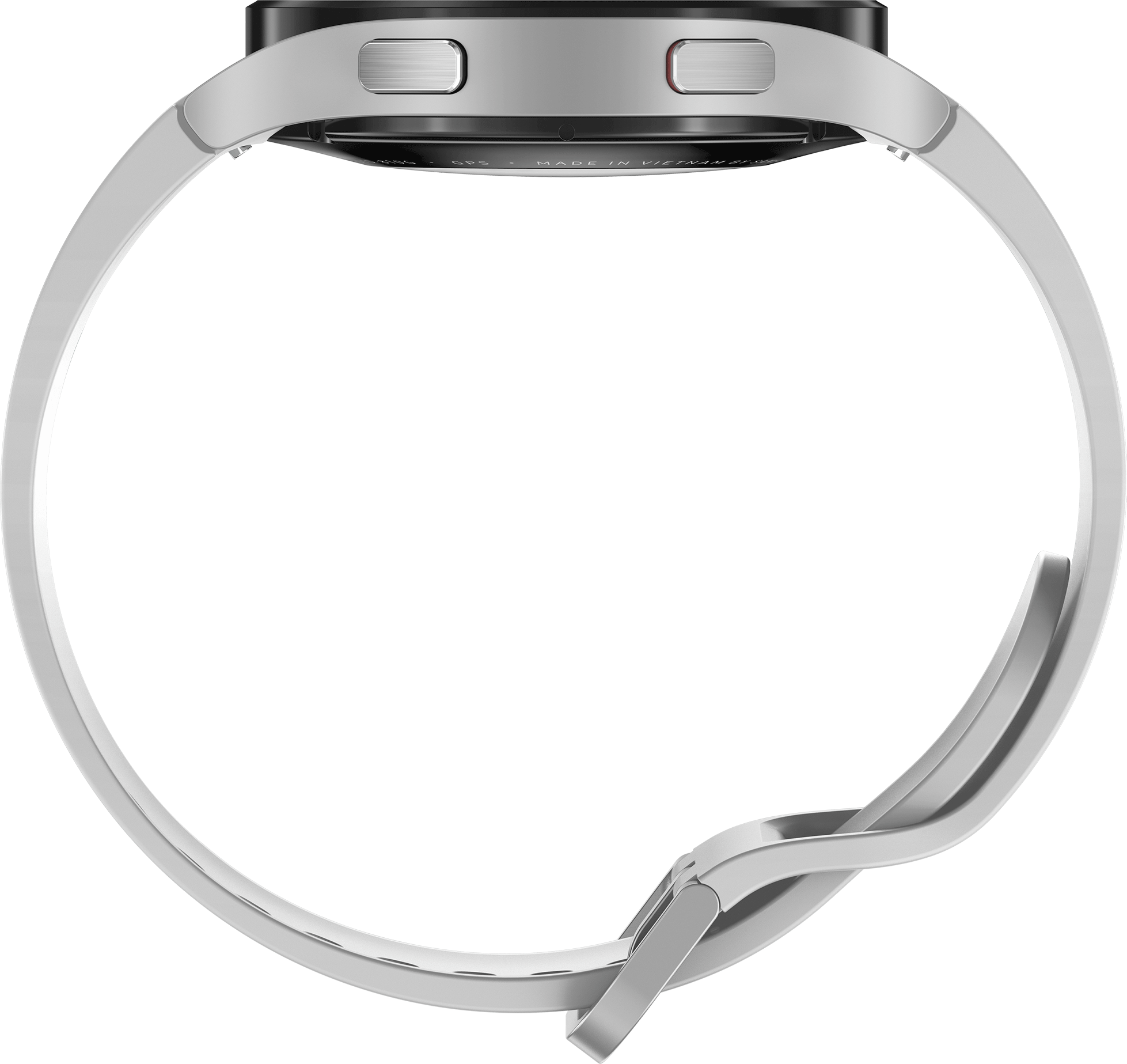 Zilveren smartwatch met een witte band, van de zijkant bekeken.