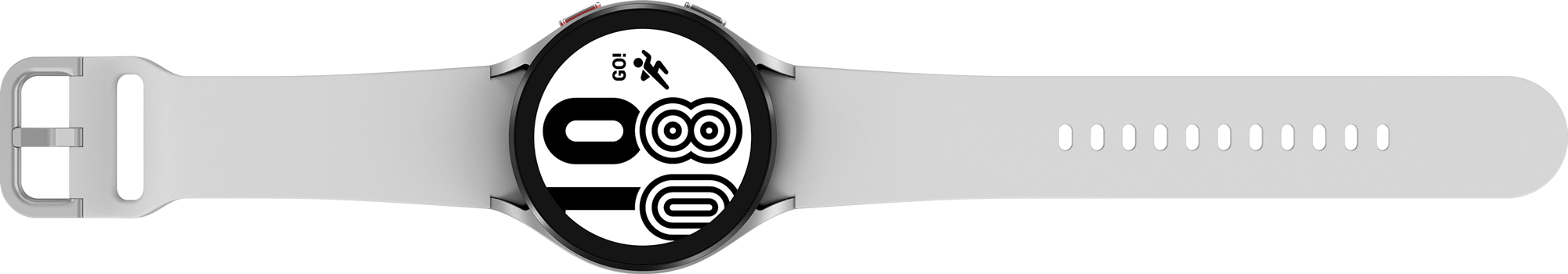 Witte smartwatch met zwart scherm en witte band.