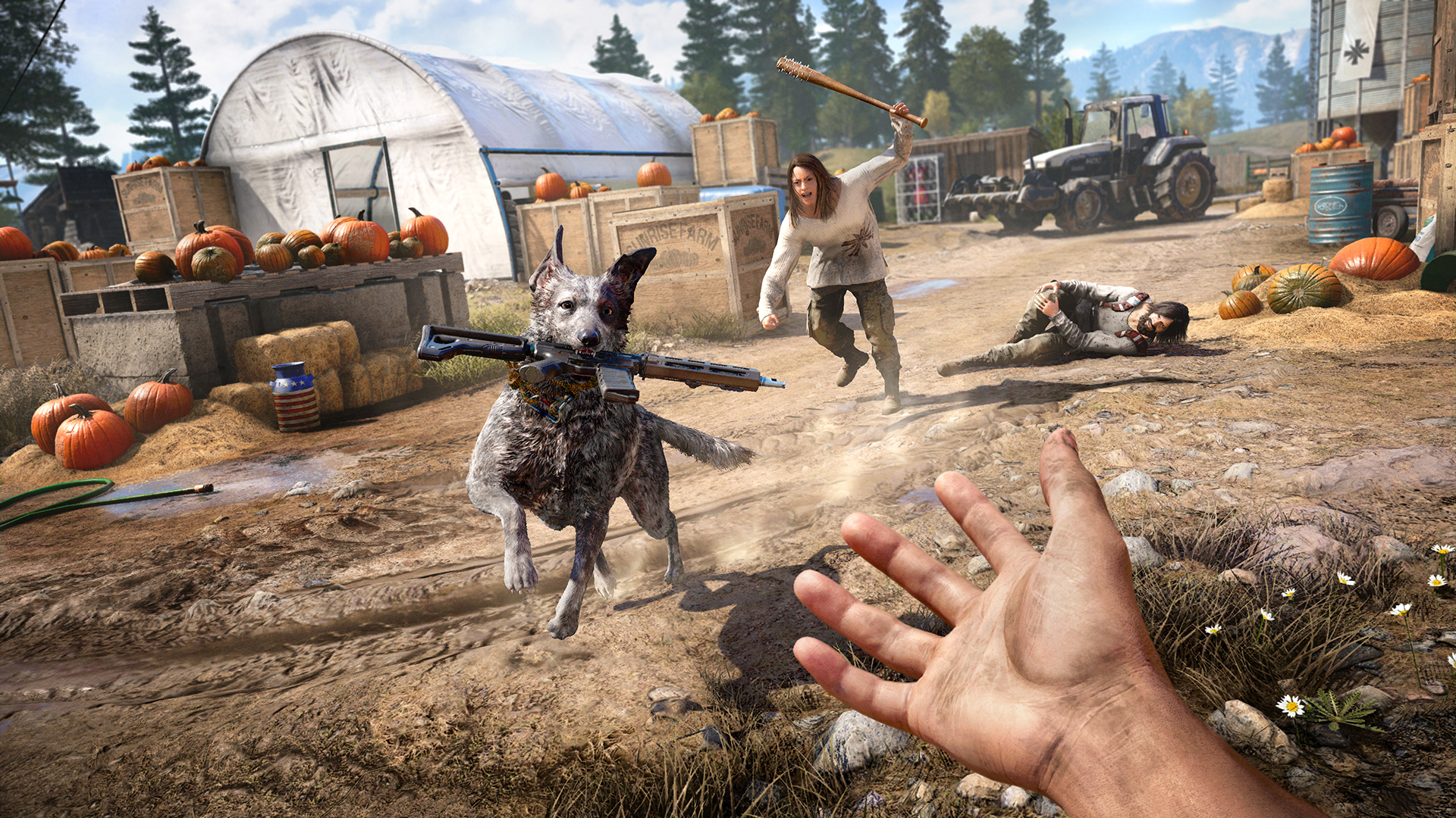 Chien avec arme, femme balançant une batte, homme à terre dans une scène de jeu.