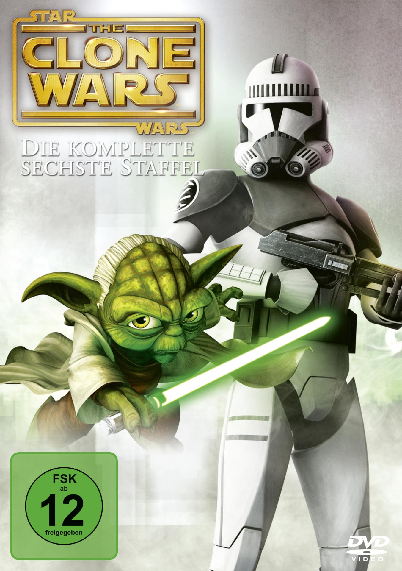 DVD-Cover von Star Wars: The Clone Wars. Yoda und ein Klonkrieger sind abgebildet. Der Hintergrund ist hellgrün.
