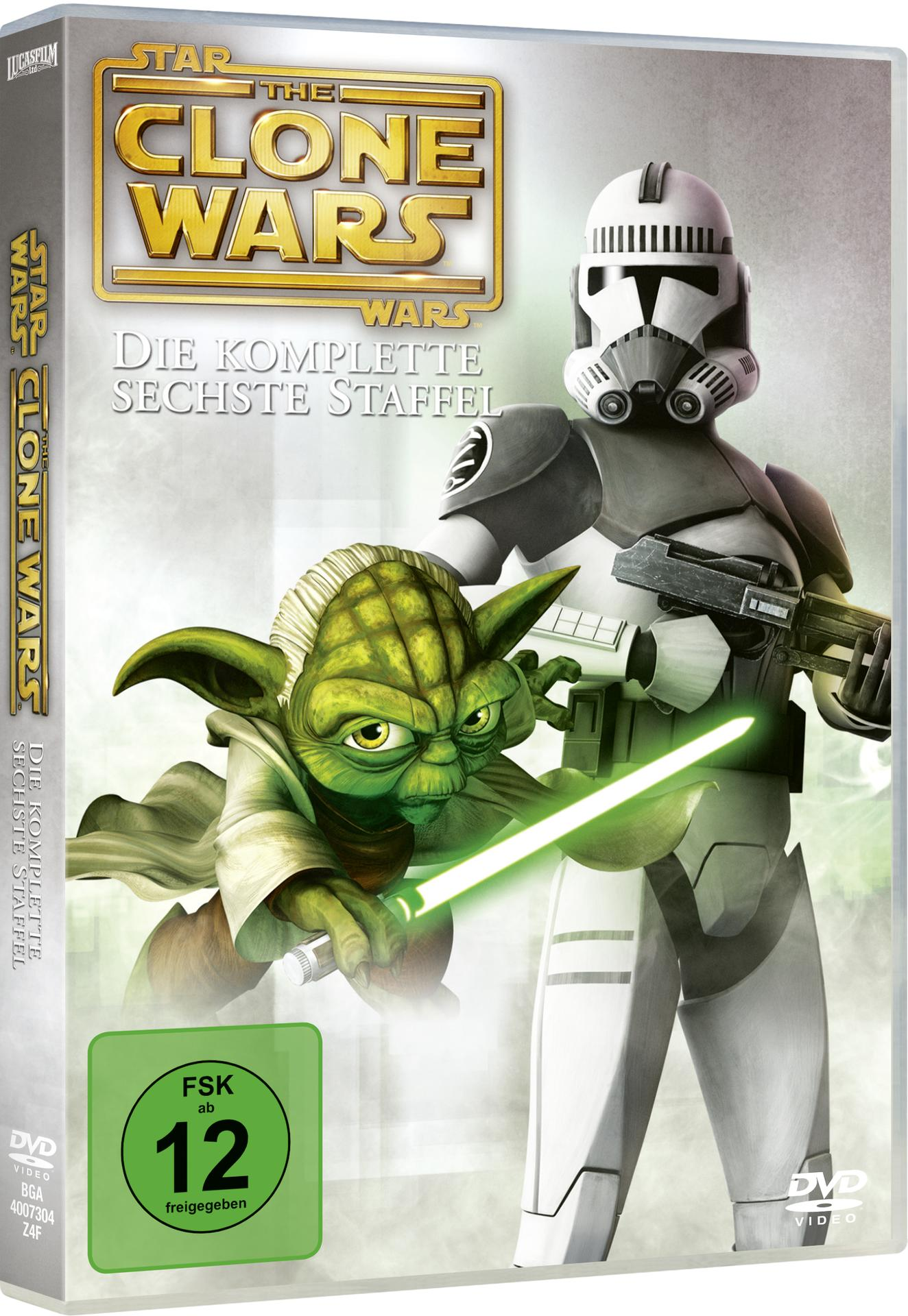 DVD-Cover für Star Wars: The Clone Wars, Staffel 6. Zeigt Yoda und einen Klonkrieger.