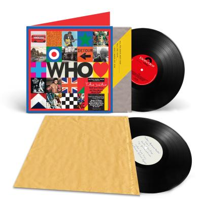 Vinyl-Schallplatten-Albumcover mit verschiedenen Bildern und zwei Schallplatten.